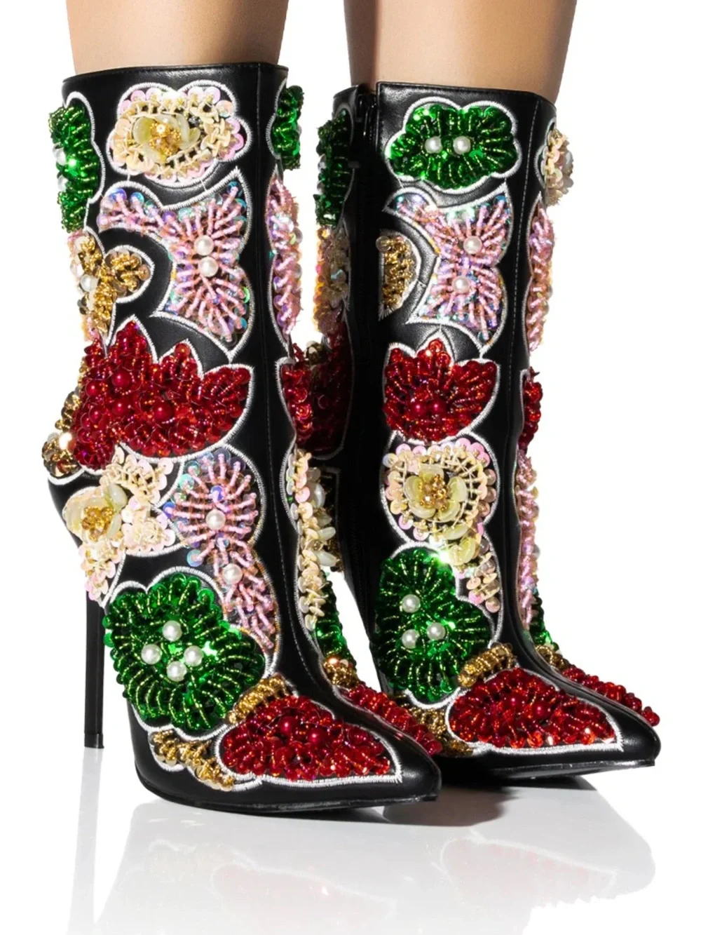 Azalea Wang Albany Beaded, Sequin Embellished Black Floral Ankle Boots